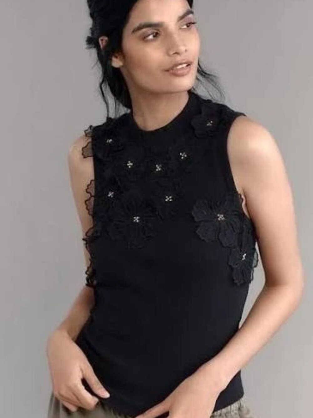By Anthropologie Sleeveless 3D Floral Applique Blouse Top Black Ribbed S 290465
